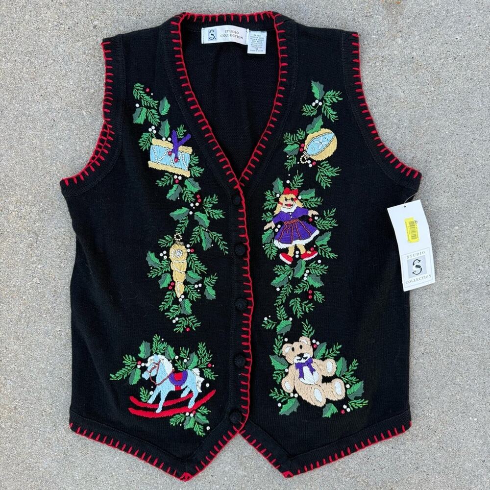 Vintage Y2K Ugly Christmas Black Sweater Vest Nordic Horse Drum Doll Bear NWT M